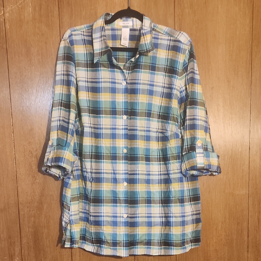 liz & co. Blue and Yellow Plaid Button Down Shirt
